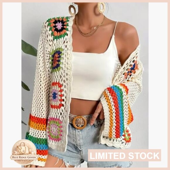 Crochet Cardigan Boho Loose Fit Open Front Sweater Recycled Material - Picture 5 of 7